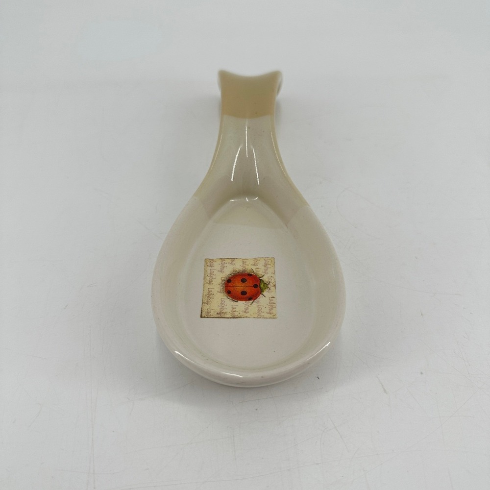 Ceramic Ladybug Spoon Rest Cream and Tan Glossy Kitchen Decor - Picture 2 of 8